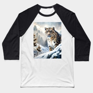 Funny A Proud Snow Leopard Went Hunting, in the Snowy forest, Hight Mountains, Snow Falling, Winter Landscape, Wildlife White Panthera, Watercolor Baseball T-Shirt